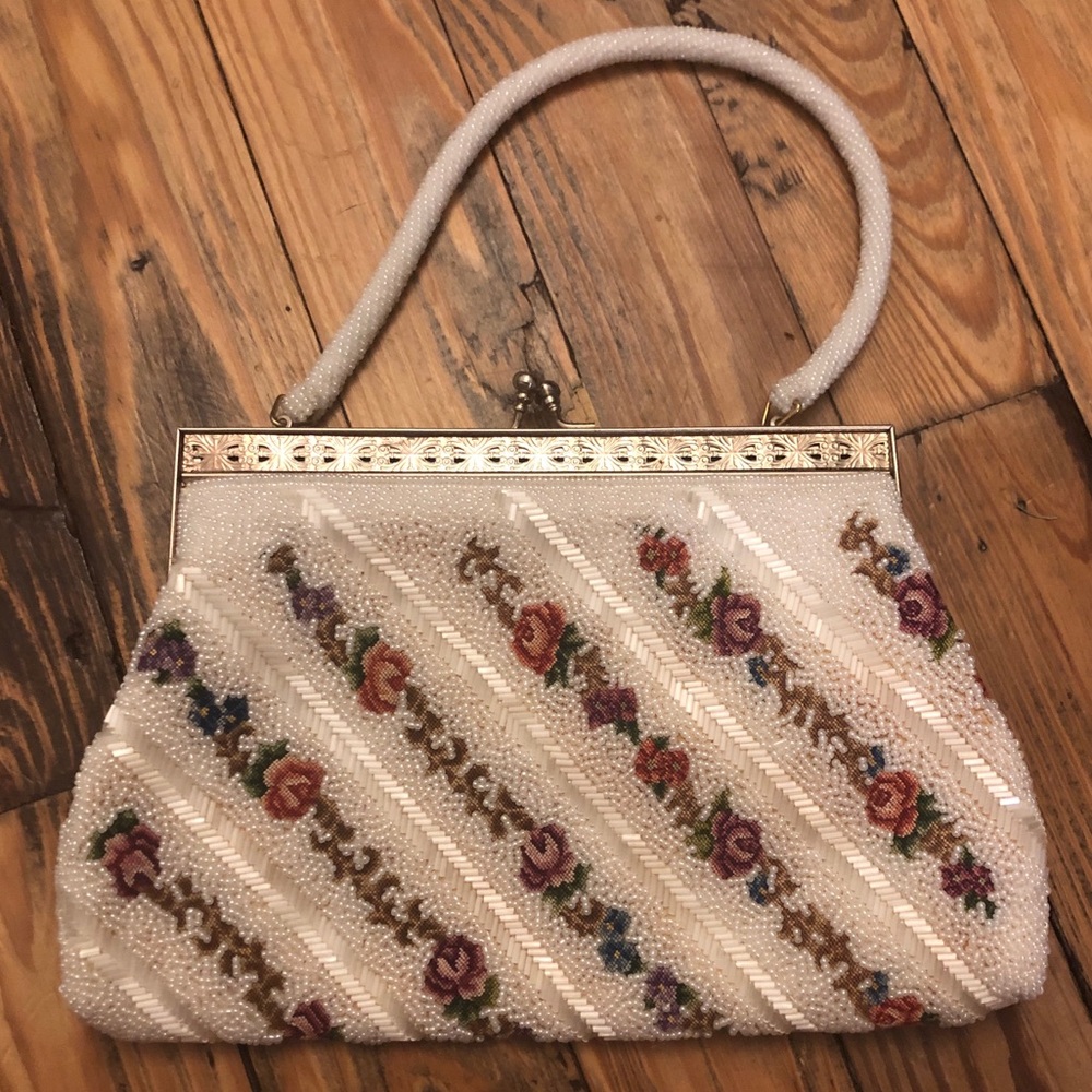 Vintage Walborg Cream Floral Beaded Clutch